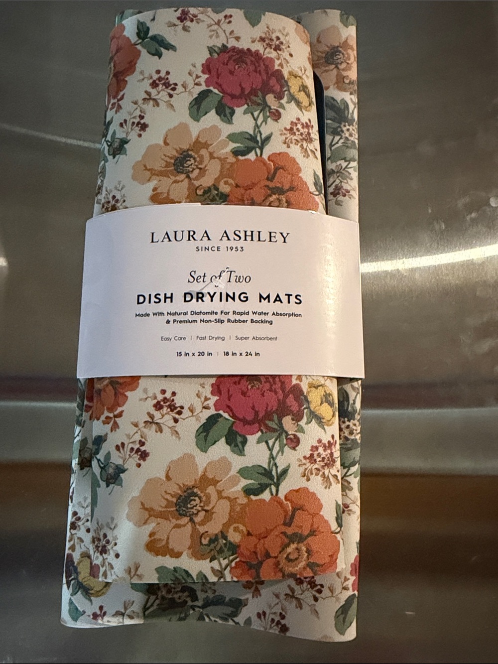 New Laura Ashley Cream Floral Dish Drying Mats - Set of Two